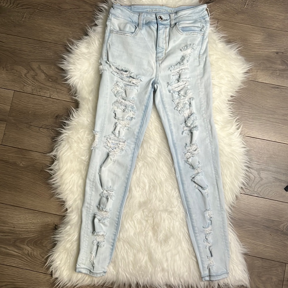 American Eagle Womens Jeans Super Hi-Rise Jegging Light Wash Distressed 4